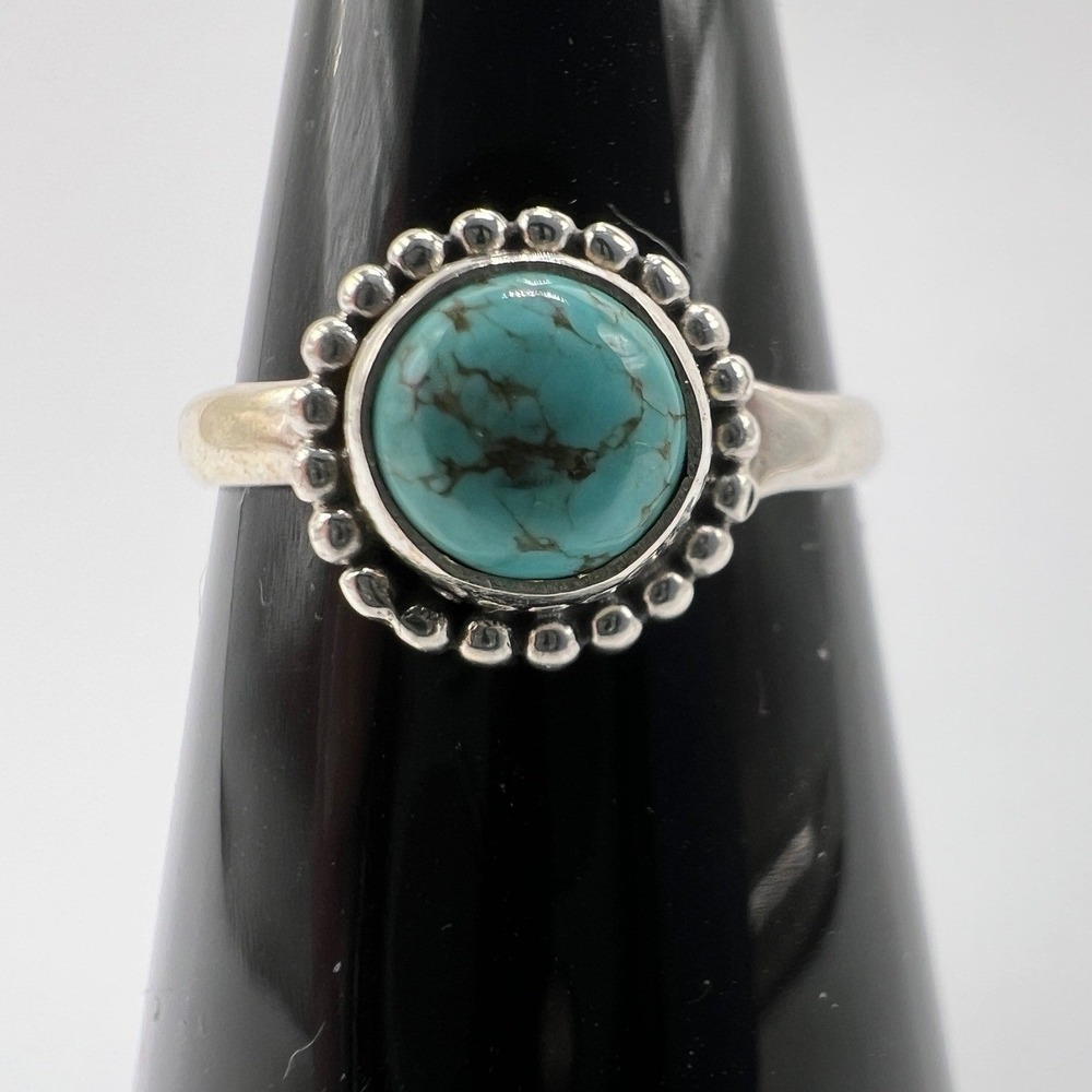 Sterling Silver Turquoise Gemstone Ring  Size 7 Southwestern Style, Beaded Halo